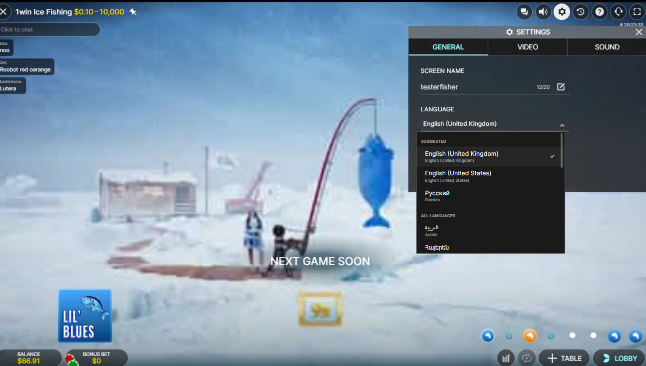 Impostazioni generali Ice Fishing — lingua, nome, audio e video